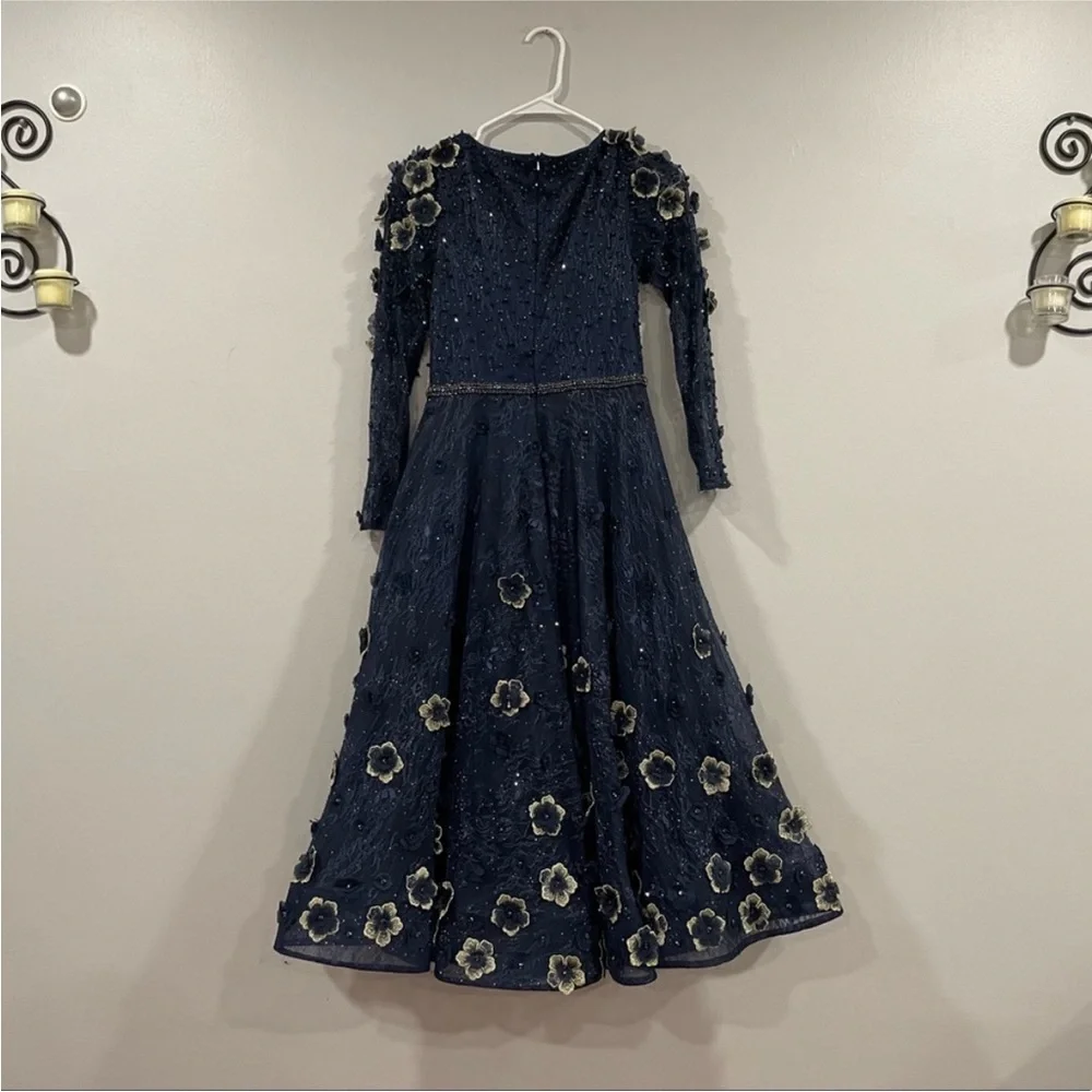 Mac Duggal 67809 Lace Floral Low V-neck Cocktail Midi Dress Gown Midnight 4 - Picture 6 of 10